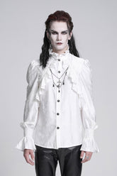 White Stand Collar Long Sleeves Ruffle Lace Cross Men's Gothic Blouse